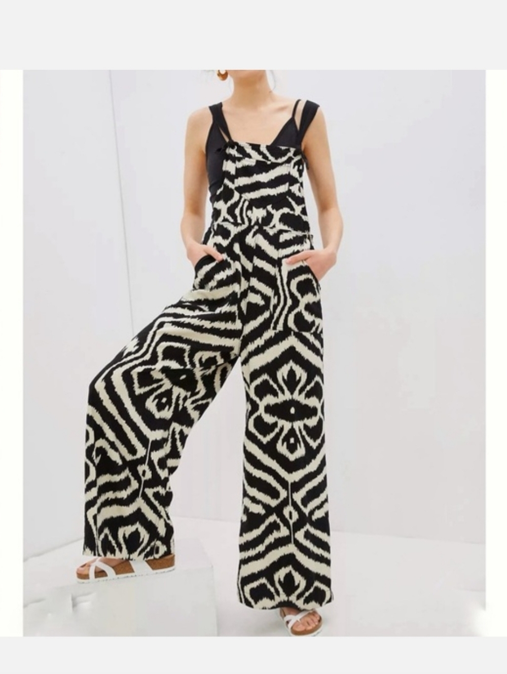 Anthropologie  S Wide-Leg Linen Bib Overalls Jumpsuit Black White